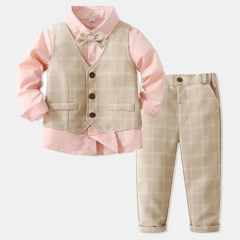 3578 Baby Boys Gentleman Clothes Set Long Sleeve Shirt Plaid Vest Long Trousers 3pcs Kids Boy Party Formal Suit