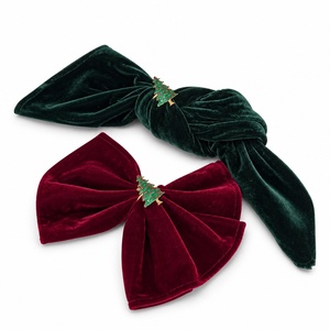 Serviettes de table en velours avec nœuds pour sapin de Noël, accessoires de table décoratifs en peluche rouge et vert pour la maison en période des fêtes - Product Image 1