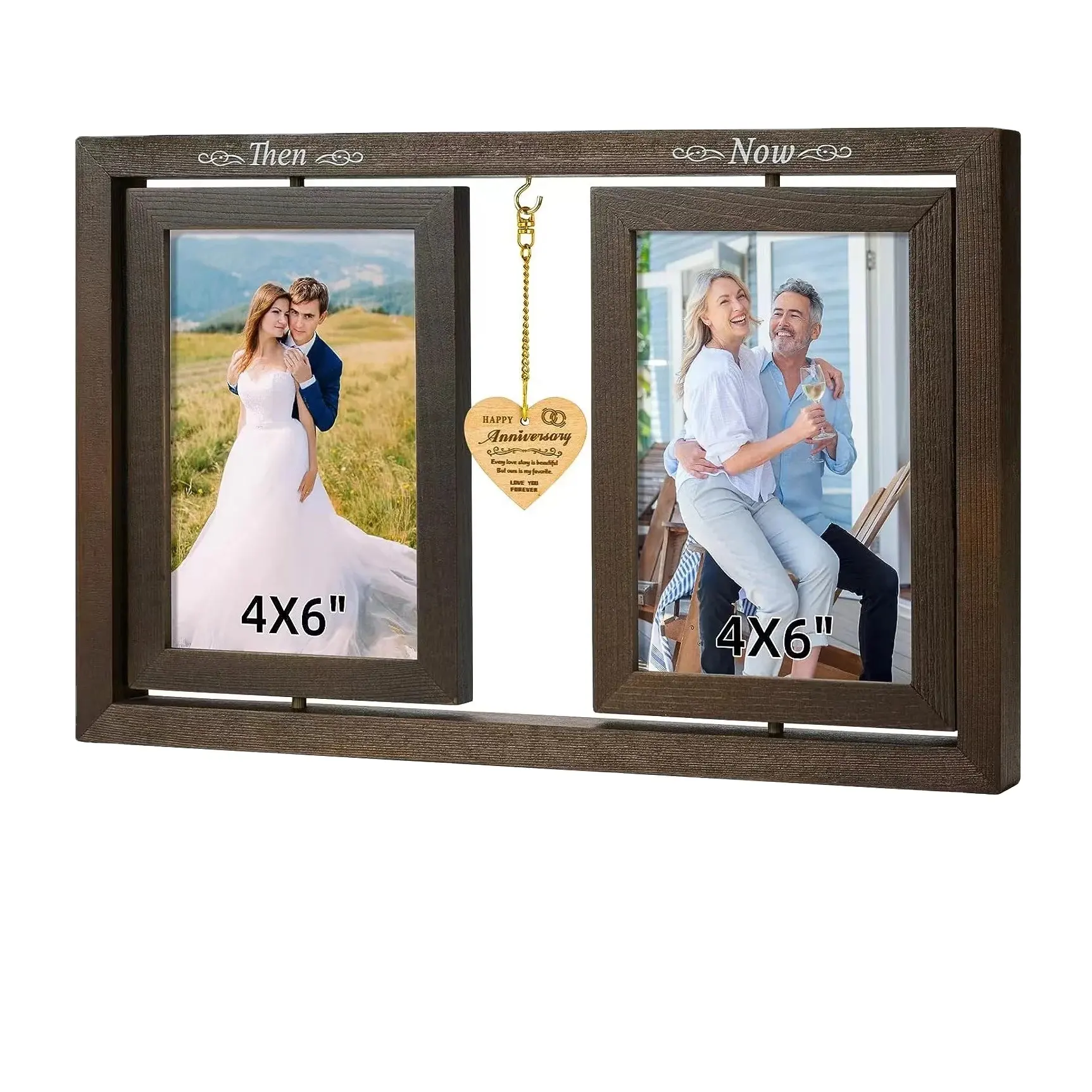 Home Decoração Moderna 360 Graus Dois Lados De Vidro Rotativo De Madeira Photo Frame Para 4X6 "Foto