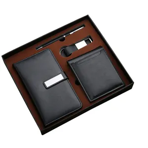 New arrival Promotional 4 in 1 wallet+ key chain + Pen + notebook leather wallet gift set man gift set 2023 gift set 2021