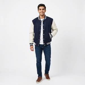 <b>Men's</b> High Street Style Single-Breasted College Varsity <b>Jacket</b> Genuine <b>Leather</b> Wool Blend XS CollegeBaseballjacket for <b>men</b> - Product Image 1