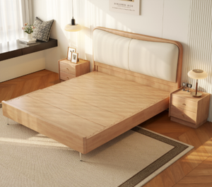 Minimalist Oak Queen Bed <b>Frame</b> with Upholstered Headboard and Plywood Panel Design - Product Image 6