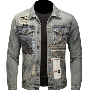 เสื้อแจ็กเก็ตผ้าฝ้ายผสมสำหรับผู้ชาย, เสื้อแจ็กเก็ตผ้าเดนิมแขนยาวปกกระดุมด้านหน้าสำหรับการใช้งานกลางแจ้งแบบลำลองมีโลโก้ - Product Image 1