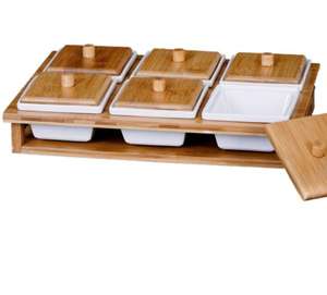 Porcelain Breakfast Set with 6 Stand and Lid <strong>Square</strong> <strong>Dessert</strong> Bowl 6 Grid Ceramic Bowl with Wooden <strong>Tray</strong> OEM - Product Image 1