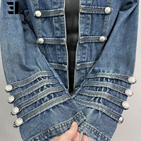 Veste Napoléon en jean vieilli LARSUR, coupe slim, col montant, style motard, avec short en jean, veste hussarde