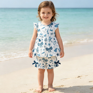 Ensembles de vêtements pour bébés filles en gros, ODM, personnalisés, imprimés floraux, haut à manches volantées + short, tenues décontractées d'été pour adolescentes - Product Image 1