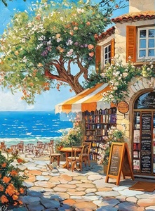 Peinture sur toile peinte à la main « Librairie en bord de mer de Paris », art décoratif mural, peinture par numéros pour la décoration murale de la maison - Product Image 2