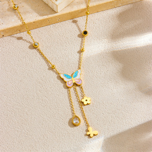Butterfly Pendant Necklace Stainless Steel Colorful Enamel Chain Tassel Design For Women Gift Jewelry - Product Image 2