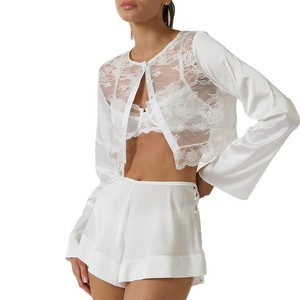 Pijamas de Seda de Hielo Satinado Suaves para Primavera/Verano, Conjunto de Dos Piezas de Ropa de Dormir Femenina y <span class=keywords><strong>Sensual</strong></span> con Ribete de Encaje - Product Image 5