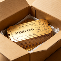 Billet d'admission personnalisé découpé sur mesure en carton texturé doré de qualité supérieure pour événement, invitation ou carte de fête avec logo personnalisé