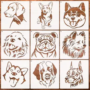Köpek evi, ahşap işaretler, duvarlar, duvar kağıdı ve kumaşlar üzerinde boyama için 9 adet hayvan şablon köpek kafası şablon