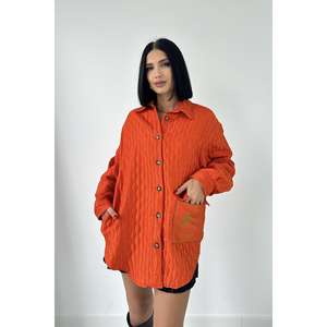 เสื้อเชิ้ตผ้าฝ้ายลินินชีฟองถักลายทางสีส้มแบบลำลองและเป็นทางการสำหรับฤดูใบไม้ผลิและฤดูใบไม้ร่วงสไตล์วินเทจ ขายส่ง - Product Image 5