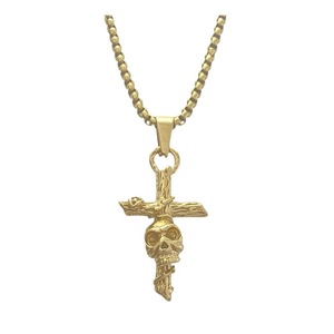 yunnique Stainless Steel <b>Cross</b> Skull Pendant Necklace Gold Men's Fashion Jewelry Geometric Design - Product Image 5