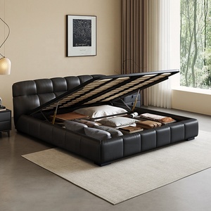 Lit double Zayshine en cuir noir de luxe minimaliste italien, grand format 1,8 mètre, avec rangement intégré et rembourrage doux pour chambre principale - Product Image 4