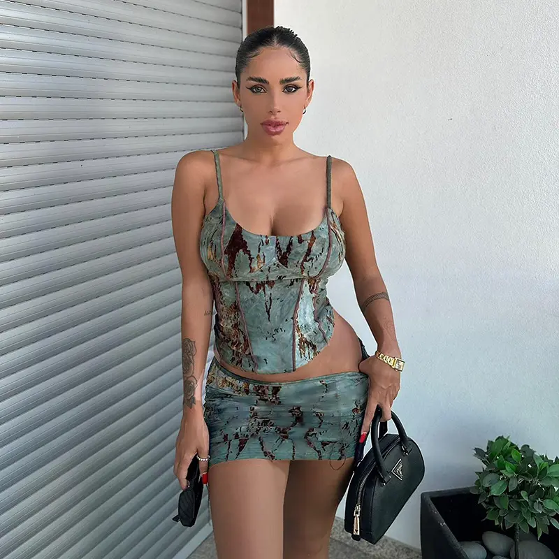 New Wholesale Sexy High-elastic Strapless Crop Top And Skirt Sets Women 2 Piece Outfits 2024 Summer Printing Set Women Clothing