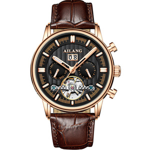Ailang Tourbillon montre mécanique automatique pour hommes, étanche 3 bars, bracelet en cuir noir, 42mm - Product Image 1