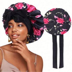 Ready to Ship Women Outdoor Daily Use Sleep Bonnet Beauty Flower Pattern Satin with <b>Tie</b> Large Size Four Seasons Night Cap - Product Image 6