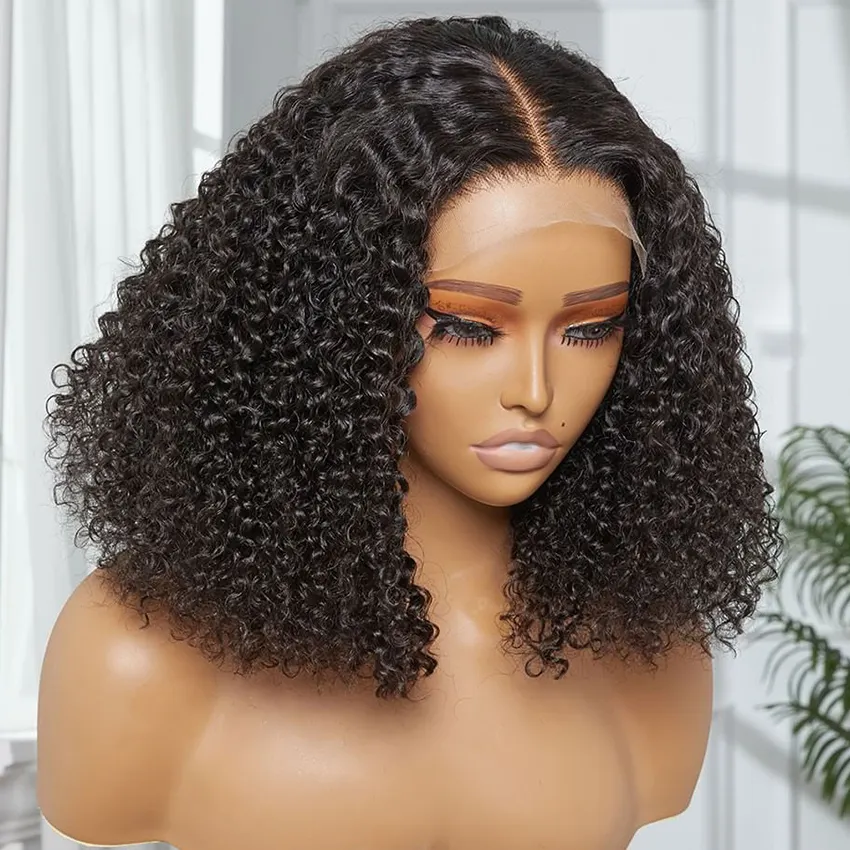 Wig Hd murah Remy Virgin 100% Wig rambut manusia asli untuk wanita warna hitam ikal keriting Wig Bob pendek renda rambut manusia