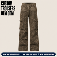 Pantalon Homme Marron Personnalisé, Délavé Effet Boue, Effet Vieilli, Double Poches Cargo à Rabat, Rivets Métalliques, Coupe Large Droite pour Streetwear