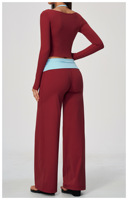Ensemble de yoga Lcool Color Block effet deux pièces pour femme, haut à manches longues et pantalon large taille haute, respirant, pour la gym et l'entraînement sportif