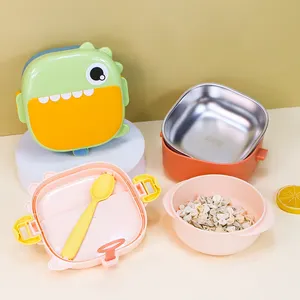 Wholesale No Spill Stainless Steel Plastic Baby Grinding Dining Food Bowls Feeding Bowl And Spoon Set For Serving Food Container