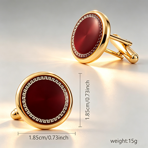 Mancuernillas con Patrón Griego Rojo Oscuro en Oferta, Mancuernillas Redondas Chapadas en Oro para Hombre, Accesorios para <span class=keywords><strong>Camisa</strong></span>, Regalos para Bodas - Product Image 4