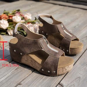 Women Summer Platform Thick Sole Front Zipper European American Style <b>Sandals</b> With Rivets Wedge Heel Large <b>Sandals</b> - Product Image 4