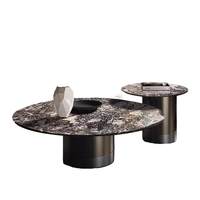Juego de Mesas de Centro Redondas de Lujo, Mármol Oscuro Galaxy, Base Cilíndrica de Piedra Sinterizada Color Gris Metálico, Personalizable para Sala de Estar
