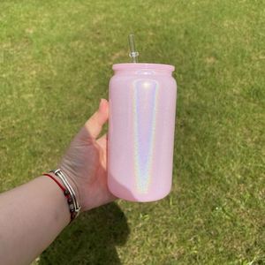Entrepôt USA : Gobelet en verre holographique scintillant de 16 oz avec couvercle en PP et paille en plastique pour transfert thermique par sublimation - Product Image 3