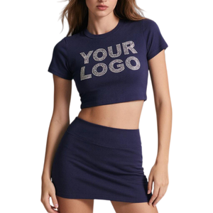 T-shirt Crop Top da <span class=keywords><strong>Donna</strong></span> Personalizzata a Maniche Corte Vestibilità Ampia con Logo in Strass Stampato, in Maglia di <span class=keywords><strong>Cotone</strong></span> Spandex 210g, Estiva - Product Image 4