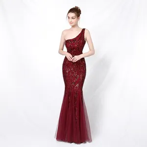 16552# One shoulder small V-neck crystal pearl chain Sequin sexy fish tail evening dress