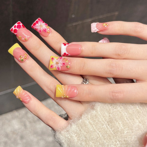 Lot de 10 faux ongles de luxe faits à la main en forme de canard, de haute qualité, épais, courts, avec coquillages océaniques et fleurs 3D - Product Image 2