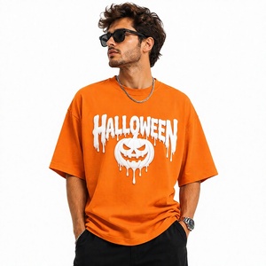 T-shirt graphique personnalisé Halloween, impression 3D en relief, motif visage de citrouille, orange, coton oversize pour hommes et femmes, streetwear décontracté - Product Image 1