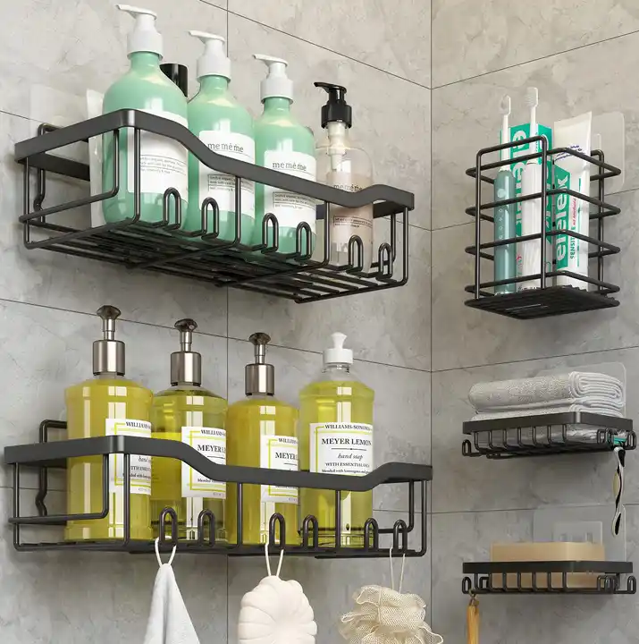 Corner Shower Caddy Shelf Rack with Hooks and Soap Holder, Adhesive No  Drilling Wall Mounted Bathroom Organizer, Stainless Steel Rustproof Shelves  for
