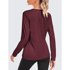 FOXA Haut de sport à manches longues pour femme, col rond, léger, séchage rapide, couleur unie rouge bordeaux, XX-Large, vêtements de fitness - Product Image 2