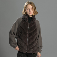 Jxwatcher Nouvelle Collection Hiver – Manteau en Laine Tricotée pour Femme, Style Ample avec Fermeture Éclair et Véritable Fourrure de Lapin Rex, Manches Longues Chaudes et Tendance