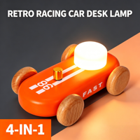 Lampe de bureau LED 4-en-1 en bois massif, design voiture de course, RVB tactile, intensité réglable, rechargeable, lampe de chevet pour gaming, portable, d'urgence, décorative, cadeau