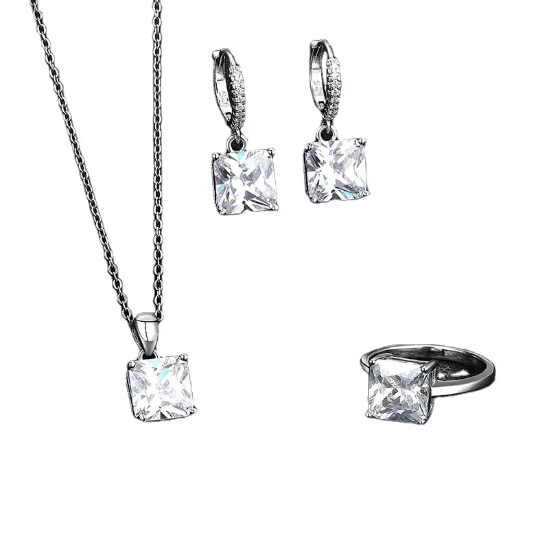 Sterling Silver Pendant Square Cut Micro Inlaid Zirconium Set Fashionable And Elegant Necklace Earring Ring 3 Piece Set