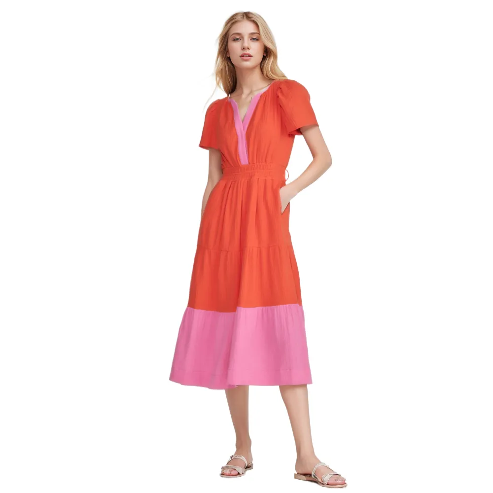 Custom Short Sleeve Brand Boutique Color Block Two Tone Gathered Cotton Poplin Midi Modest V Neck Casual Midi Dress