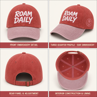 Casquette Dad Hat Rouge Brique Délavé avec Bord Rose Poudré, Broderie en Relief, Emblème Floral, Couture Plate, en Coton Non Structuré, Style Vintage