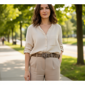 Cintura con stampa leopardata da 3,5 cm con fibbia rotonda, cintura alla moda da donna - Product Image 3