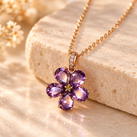 Kalung Perak Sterling 925 Berlapis Emas Rose dengan Liontin Bunga Lima Kelopak Amethyst Ungu untuk Wanita Perhiasan Berkualitas