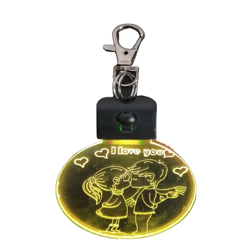 Cặp Đôi Khắc Laser Kim Loại Keychain Khắc Couple Tim Keyring Thay Đổi Màu Sắc Led Keychain Đèn Cho Ngày Valentine