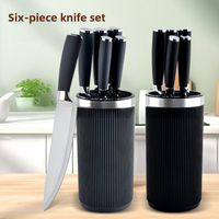 Ensemble de couteaux de cuisine en acier inoxydable 6 pièces avec support cylindrique à rayures verticales, anneau en acier, conception ambidextre, longueur de lame