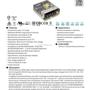 Meanwell LRS-50-3.3 Driver LED à tension constante AC/DC, protection contre les courts-circuits, les surcharges et les surtensions, 33W 3.3V, Cartu Sako Inverters Board - Product Image 3