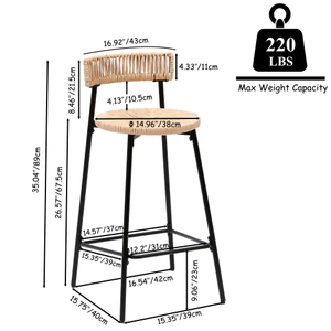 Modern Adjustable Hand Woven Paper Rope <b>Bar</b> Stools with Back and Footrest Set of 2 for Hotel & Dining Rooms - Product Image 3