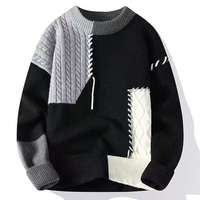 Pull en polyester tricoté patchwork pour homme, motif torsadé, contrastes de couleurs, coupe ample, chaud, respirant, automne/hiver, transfrontalier