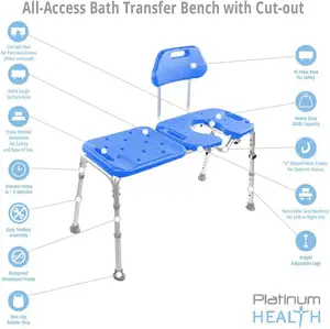 Banco de transferência de banho com assento de chuveiro recortado, cadeira de luxo para banheira e transferências de chuveiro, assento de banheiro elevado para idosos