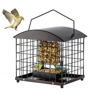 JH-Mech Mangeoire à oiseaux en cage à l'épreuve des écureuils sauvages avec plateau, capacité de graine de 1lb, mangeoires à oiseaux en métal suspendues multi-usages