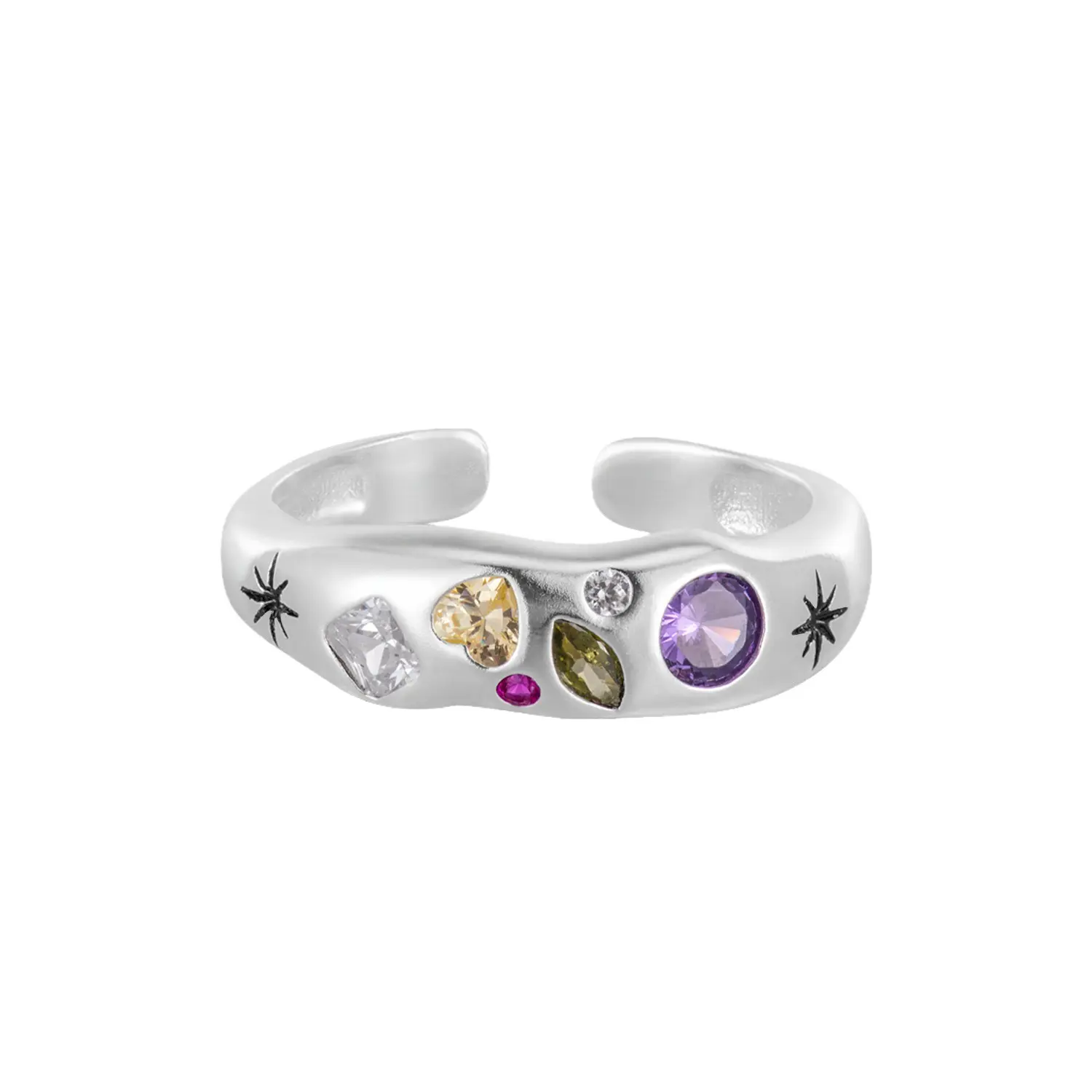 Anello aperto in argento sterling S925 con zirconi colorati irregolari anello colorato intarsiato smerigliato si riferisce ai gioielli.